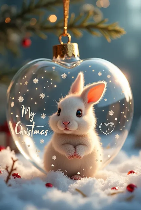 Transparent Christmas ball in the shape of a heart with cute baby rabbit inside with my first Christmas written on the Christmas deco ball 