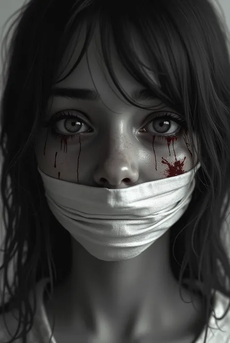  Please create the face of a real girl with a grayscale horror style, her face shows suffering and pain , that she looks straight ahead and is crying and with wounds on her face ,  very disheveled with blood stains and with white rags tied around her lips 