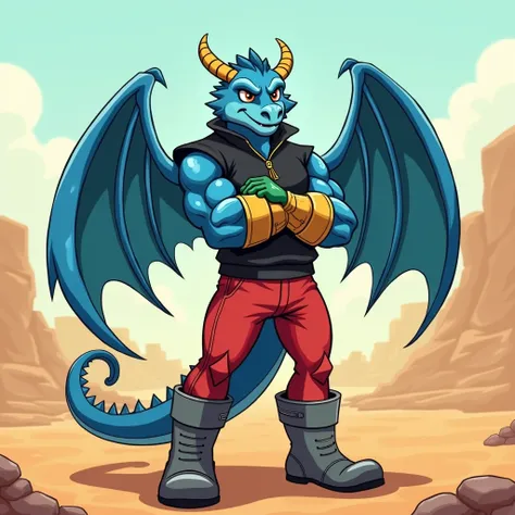  Blue muscular winged dragon furry jock in gold bracelets, in grey boots , in red pants,  in a black sleeveless zipped sweater , wearing green gloves with arms crossed over his chest, standing against the desert in cartoon style