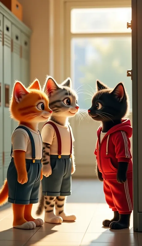 In a school hallway, the orange, grey, and spotted kittens (wearing casual school uniforms: shirts, suspenders, and shorts) look shy and regretful as they approach black young kitten to apologize. a black young kitten still in his red tracksuit, smiles war...