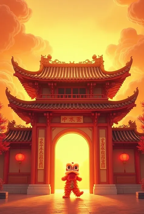 HD/A Chinese-style building with an open door with strong perspective, orange-yellow sky in the background, and many auspicious clouds around the picture.one guy paly the lion dance in the middle

