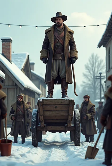 A man in traditional Cossack dress  (long coat, Leather hat , high boots), standing on a wooden cart , surrounded by peasants with tools . bottom:  a Russian village in winter with snowy roofs.