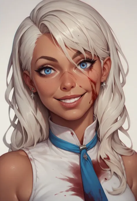  Realistic image of a young and beautiful girl all stained with blood, platinum blonde hair and blue eyes  ,  tanned skin,  with an intense look and a big scar on her cheek, Wear rags , She has a crazy smile and is stained with blood .