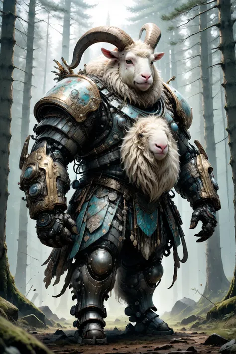 photorealistic portrait of Dressed animals - a ((fat)) angora goat warrior,(brave pose), high quality,(art by Carne Griffiths) ,intricate detailed giant mechanical arms, highly detailed ((mechanical armor) ,,highly detailed armor, forest background , (brav...