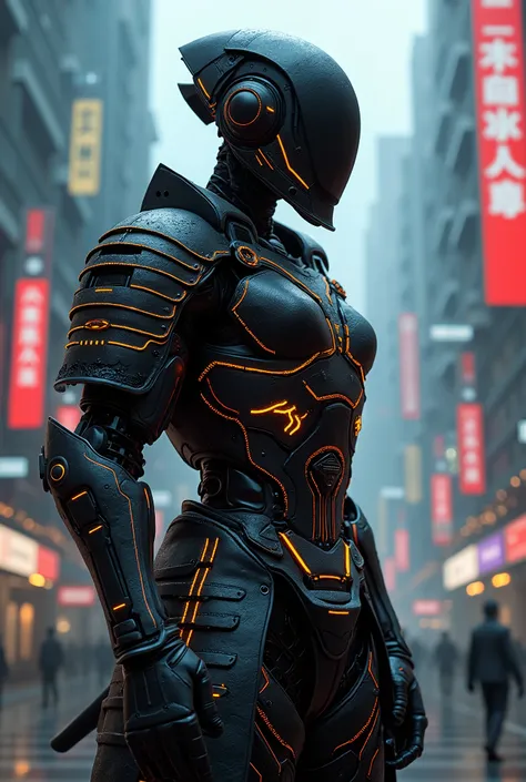 live-action、 real、 samurai armor、 Cyberpunk、Android with parts that emit light 、Detailed decoration、A slender, muscular body、