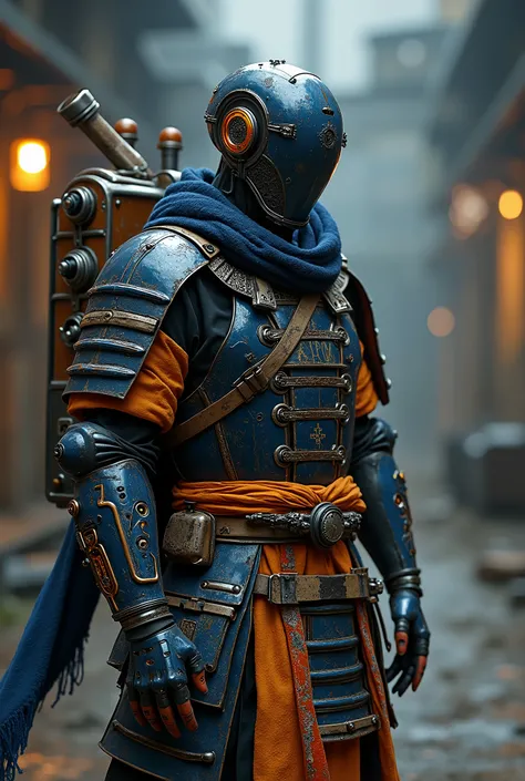 live-action、 real、 samurai armor、 Cyberpunk、Android with parts that emit light 、Detailed decoration、Navy blue and orange coloring、Tattered scarf 、Carrying a power furnace on your back