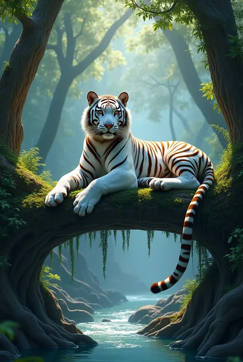 A white tiger  sit on branch of tree and big trees, their roots touching  river, bush and sun light on tiger and blue light shining 