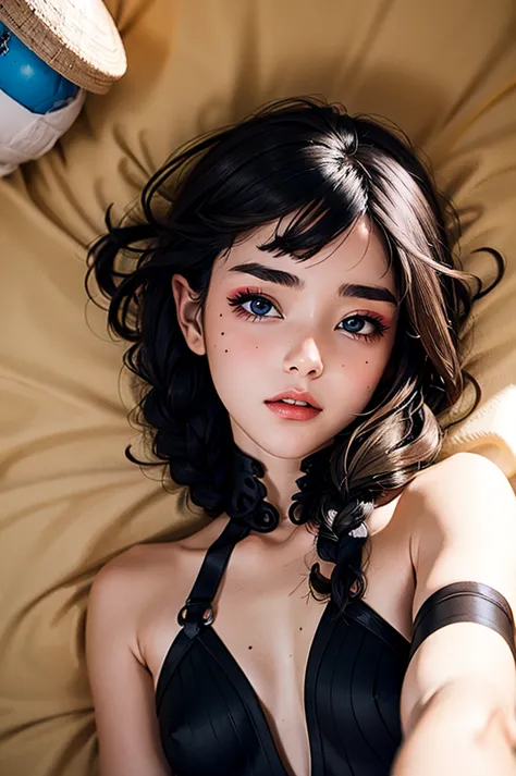 an anime character laying down on a bed with black braids in her hair, 1girl, braid, solo, pointy ears, black hair, looking at v...