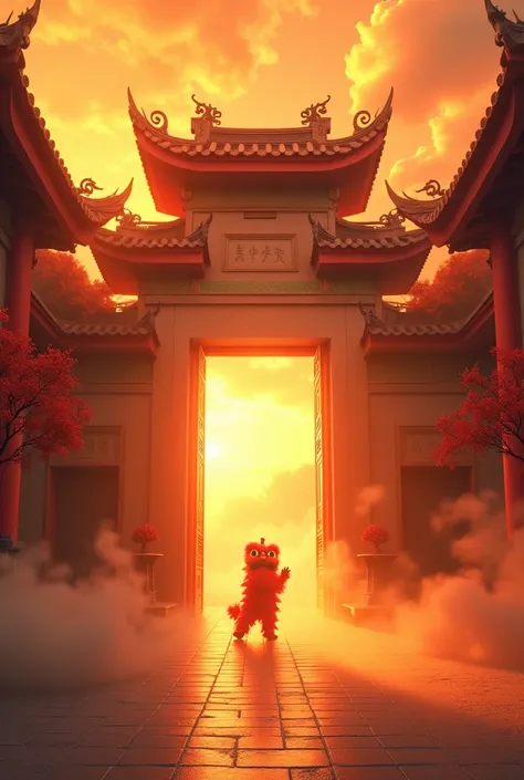 HD/A Chinese-style building with an open door with strong perspective, orange-yellow sky in the background, and many auspicious clouds around the picture.zoom in the guy play the lion dance in the middle

