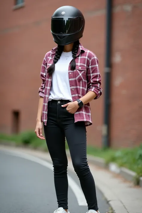  The girl was wearing black Jeans, a white and darkpink checked shirt, white shoes and a black iwatch. She was wearing agv helmet on visor facehide helmet. Hairstyle for one French braid in black color. Background for brick compound wall. Pose on a  road s...