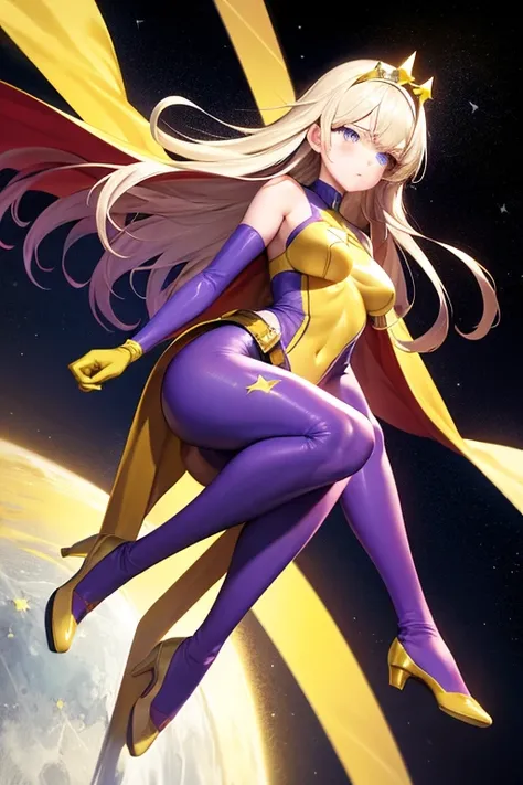 ((best quality)), ((masterpiece)), (detailed), 1 girl, Full body, 19 years old, Sad face, Depressed, Blue eyes, Empty eyes, Star-shaped tiara, Arms forward, Eye mask, Blue superhero mask, Blonde hair, Straight hair, Long hair, Bangs, 2 star-shaped hair orn...