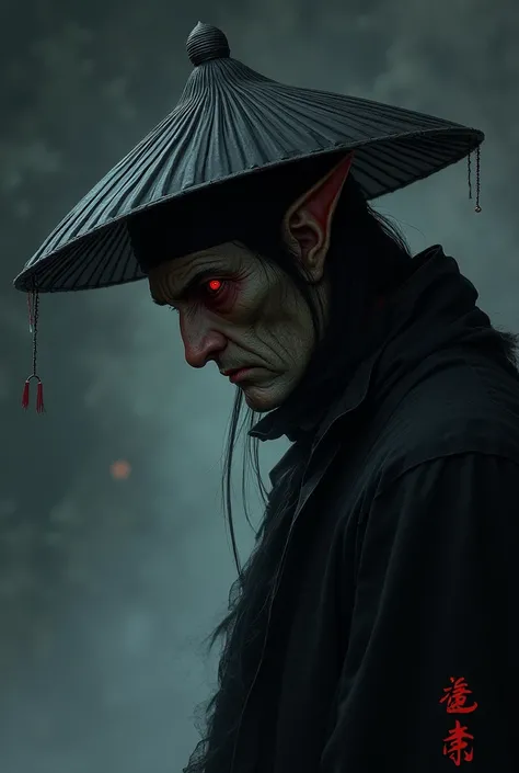 a vampire in bandages with a Chinese hat on his head red eyes looking down from the side without background
