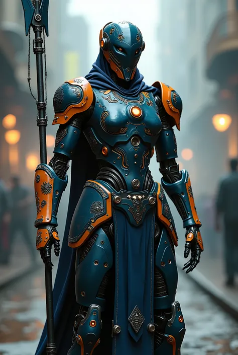 live-action、 real、 Western armor-based android equipped with a large spear、 Cyberpunk、Android with parts that emit light 、Detailed decoration、Navy blue and orange coloring、大きな槍を装備、