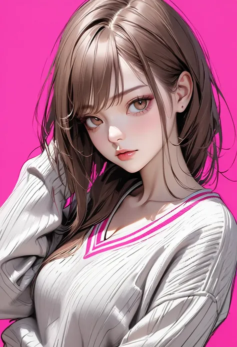 ultra-realism,Realistic ,sketch , One Woman, Neon long brown Hair, jewelry ,textured trim (masterpiece, best quality), neon pink background ，Rough sketch like a pencil drawing，From waist to head，long sleeve white v-neck sweater,