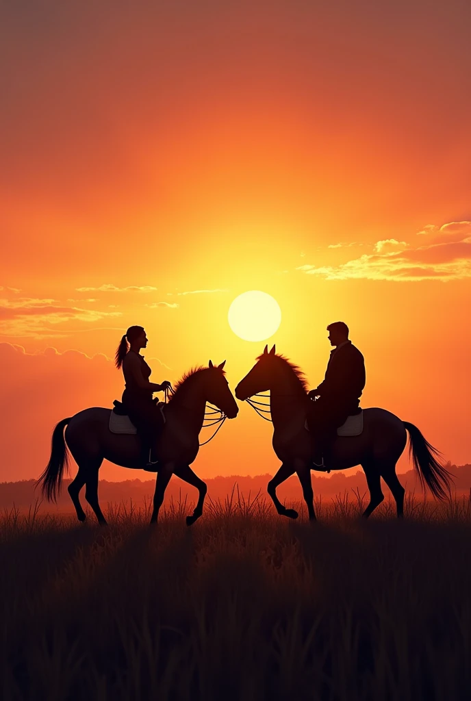 Two couples silhouette riding horse in the grassland during susnset