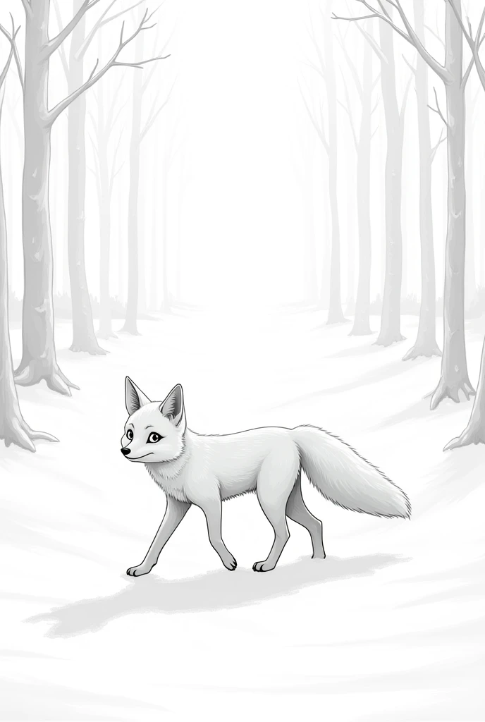 A fox walking through a snowy forest.with eyes suitable for coloring coloring page for s all white coloring page clean line art white background white eyes no shadows no color no grey color