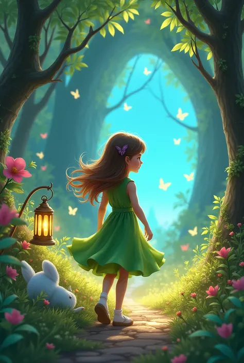 A young girl with brown hair and a green dress stands in the middle of a glowing magical forest, surrounded by colorful trees and luminous butterflies, Beside her, a small white rabbit holds a golden lantern, while in the background, a glowing blue portal ...