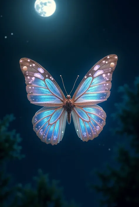 A delicate butterfly with iridescent wings that reflect the moonlight, fluttering gracefully through the night sky.