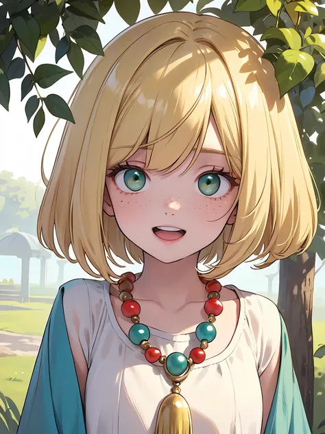 masterpiece, best quality, extremely detailed CG unity 8k wallpaper,((Upper Body)) ,((Upper Body head close-up shot of a beautiful )),Cheveux : blonde hair, short hair, choppy bob cut, green headband, (Upper Body:1.5), 
Yeux : large green eyes, intense gaz...