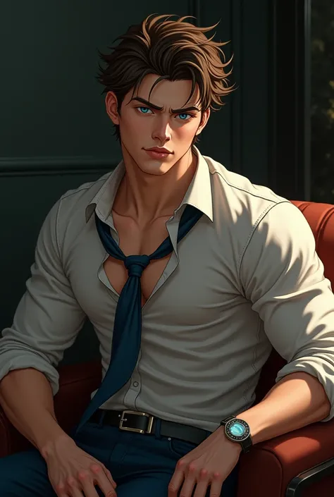 A young guy with brown hair and blue eyes. Muscular, wearing a shirt, a little disheveled, a tie hanging from his neck. The photo should be up to his chest.White skin and plump lips. No beard. The background should be dark. He sits in a chair, leaning back...