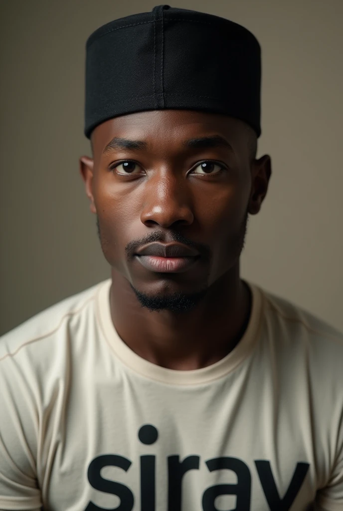 A handsome Yoruba guy with a traditional black cap on his head. He is wearing a tshirt with the slang "SirAy"