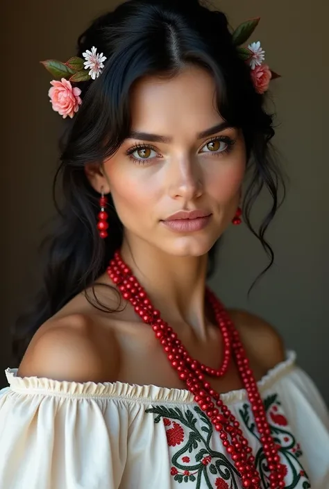  young and beautiful woman 35 years old , with black hair, small flowers and shiny beads are woven into the hair, there are many rows of red beads on her neck , namisto ,  she is wearing a light embroidered puff-sleeved shirt ( Ukrainian embroidery ), shou...