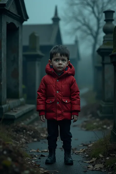 A boy with red puff coat and black pants blinking with his eyes wide open and sad face at night in an abandoned grave yard 