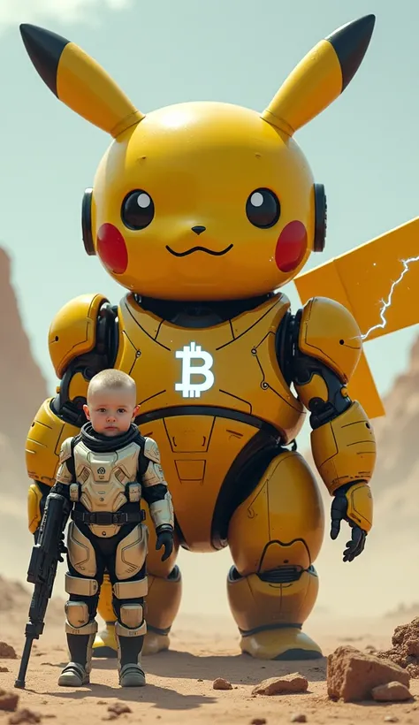 a super realistic, fantastic, sci-fi, a white baby boy, around 6 month years old, half bald black hair, wearing black ops mecha suit, holding big riffle. with neon light B symbol oh his chest. standing next to giant mecha pikachu robot, this giant mecha pi...