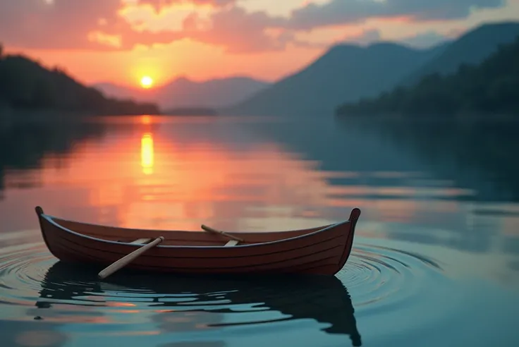 "Design an interactive paper automata featuring a tranquil lake with a gently rocking rowboat in the foreground, layered reflections of the sunset on the water, and a gradient sky transitioning from warm orange to deep purple."

