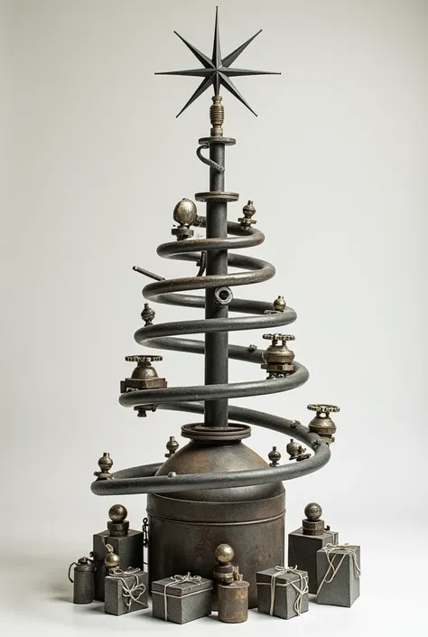 She draw with a pencil : A metal tree ,  as the base, the gas cylinder ,  leaves the base of the tree up ,  around the spiral tube rises to the upper lug , , which is what makes the Christmas tree frame ,  burners together, the stars head ,  and the spiral...