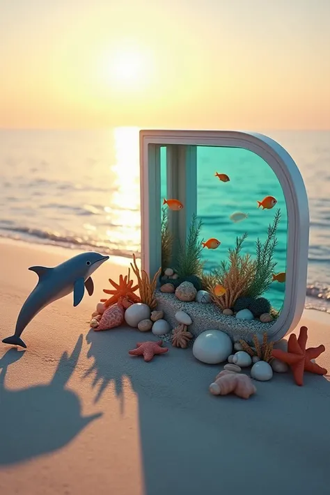 A 3D render of a serene beach scene with a large aquarium-shaped letter "JUGULYA". The letter is placed on the sandy shoreline, filled with beautiful shells and starfish. The calm sea reflects the letter "JUGULYA". Inside the letter "JUGULYA", theres an aq...