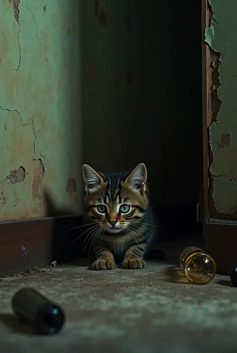 In a gritty, dimly lit living room, a small, scruffy tabby kitten with matted fur and sad, wide green eyes huddles in the corner, clearly terrified. The walls are cracked, with peeling wallpaper and a filthy carpet covered in empty beer bottles.  the cat i...