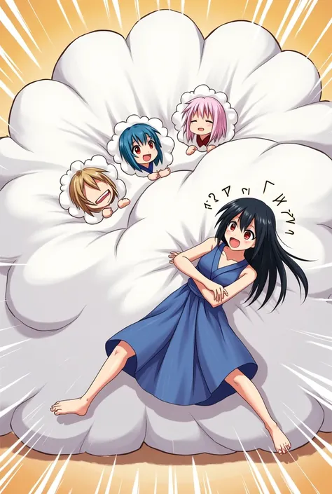 An anime-style comic depicting girls and 1lady playfully wrestling with each other inside a  comical fight cloud.
each girl has different  colored hair. one lady with black long hiar and red-eyes and blue sleeveless-kimono.
their faces,hands,and feet are v...