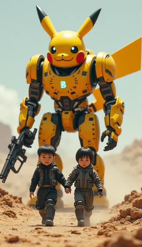 a super realistic, fantastic, sci-fi, a white baby boy, around 6 month years old, half bald black hair, wearing black ops dark mecha suit, holding big riffle. with neon light B symbol oh his chest. standing next to giant mecha pikachu robot, this giant mec...