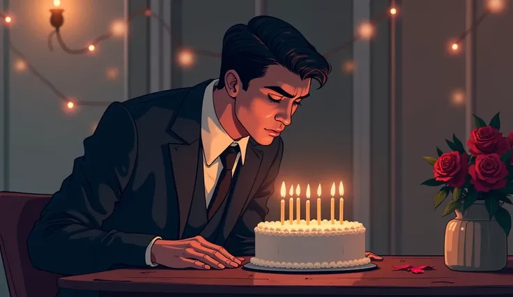 Elegant man blowing out candles on a birthday cake, with an expression of emptiness, in a room lit by soft party lights, pixel art style