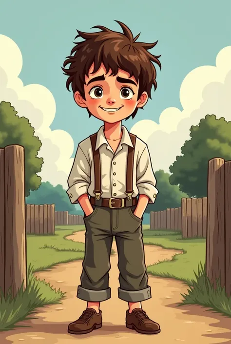 Huck from huckleberry finn, country boy, 19th century, simple 2d comic cartoon art 