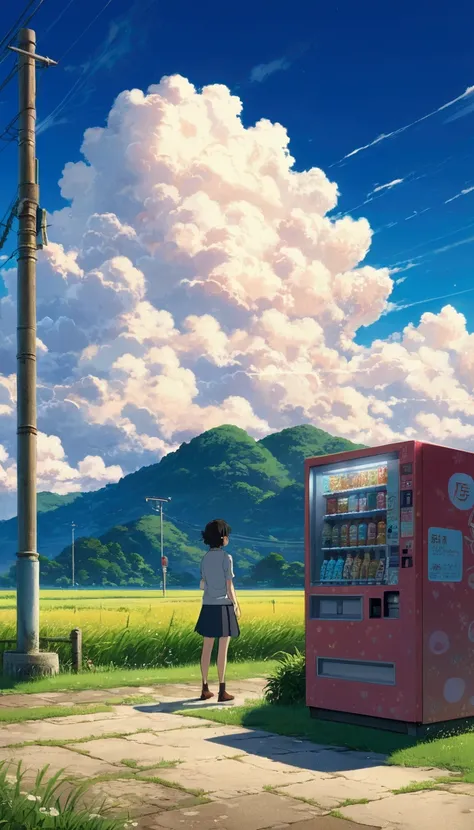 anime scene of a woman standing in front of a vending machine, lofi art, ( ( makoto shinkai ) ), style of makoto shinkai, in style of makoto shinkai, mokoto shinkai, makoto shinkai. —h 2160, studio glibly makoto shinkai, lofi, by Makoto Shinkai