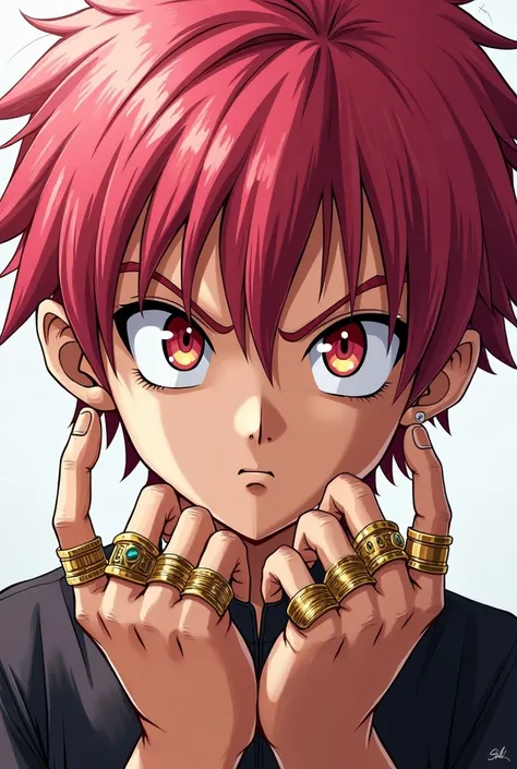 A boy with rose hair with three earrings on his ears along with 8 rings on his fingers and has crimson eyes with yellow puppils and has a serious gaze (Dragon Ball Super Manga Style)