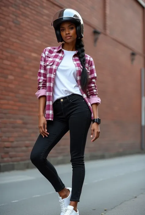  The girl was wearing black Jeans, a white and darkpink checked shirt, white shoes and a black iwatch. She was wearing Axor Helmets on visor facehide helmet. Hairstyle for one French braid in black color. Background for brick compound wall. Pose on a  road...