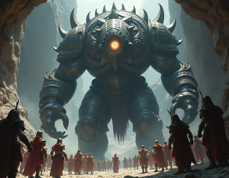 A giant monster with only one eye and armor comes out of a cave to fight warriors from Greek mythology 