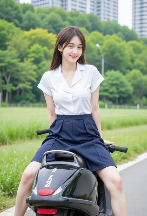 prompt : a young Asian girl, seated on a black scooter, smiling at the camera. She is dressed in a short-sleeved white button-down shirt and a navy blue skirt. Her hair is pulled back in a ponytail, adding a pop of color to her face. The scooter is parked ...