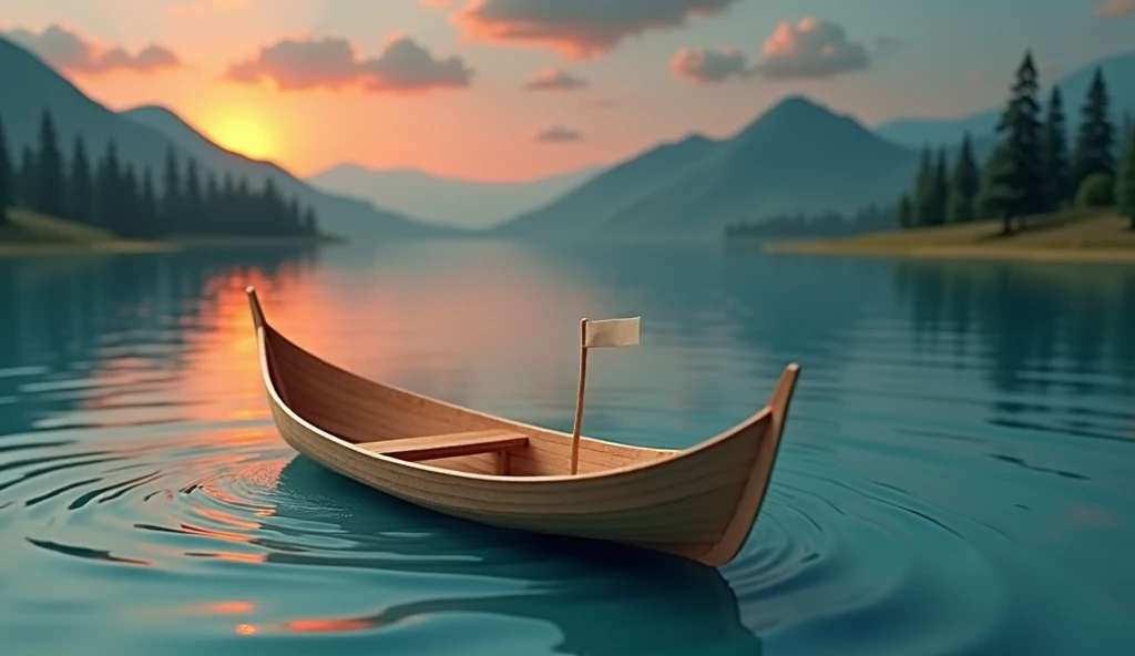 "Design a detailed paper automata where the scene includes a rowboat gently rocking in clear, shallow water, the sun setting behind distant mountains, and moving paper clouds shifting across a vivid gradient sky."

