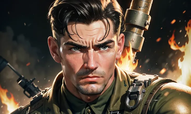 3/4 up, close up. vintage style. 1940s. a tough 1940s handsome male soldier with a cybernetic arm and leg, walking through the fires of war with a resolute expression.