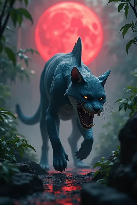 A hybrid predator with the body of a sleek feline and a shark’s fins and jaws stalks through a misty jungle under a blood-red moon.