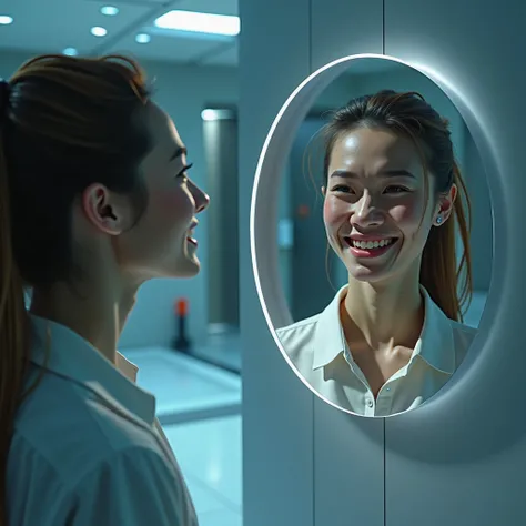  The person looking at the mirror has a smiling face, and the person inside the mirror has an angry face, Mirrors are cutting-edge facilities ,The person reflected in the mirror looks angry