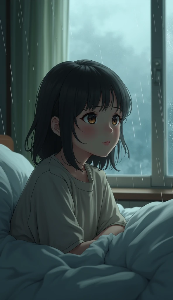 Girl sitting quietly on her bed, staring out the window at the rain, a wistful expression on her face, lost in thought. Best shot angle: Close-up on her face to capture her emotions as she reminisces.
