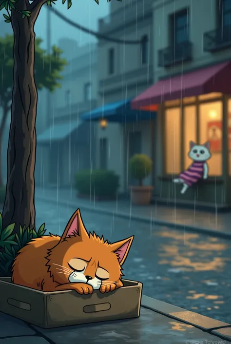 A brown cartoon cat is sleeping in a small box on the side of a street. Its raining outside. The cat is helpless and sad, the cat is getting wet in the rain, a brown cartoon cat in a nearby coffee shop is wearing a striped dress, and the cat sees the wet c...