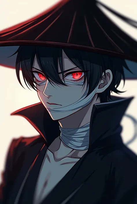 bandaged vampire with a Chinese hat on his head red eyes looking down from the side without background anime style association with Nick Yawkins