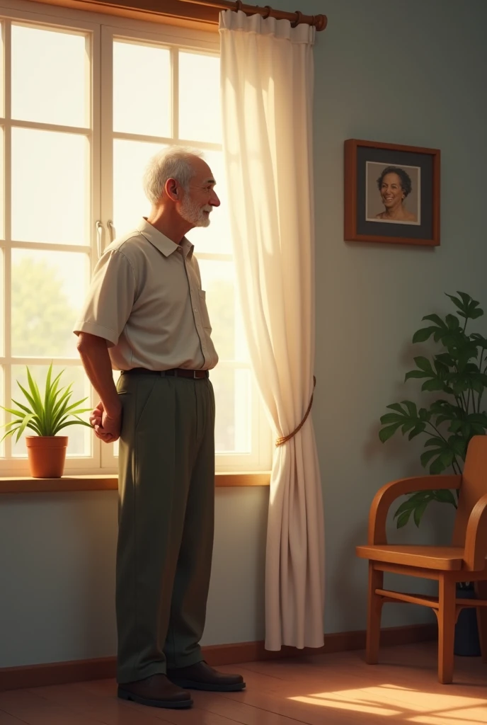 An elderly man standing near a window with soft curtains, gazing outside with a peaceful smile. His posture is relaxed, with hands clasped behind his back. The background shows a clean and tidy room with a small plant in a corner, a simple wooden chair, an...