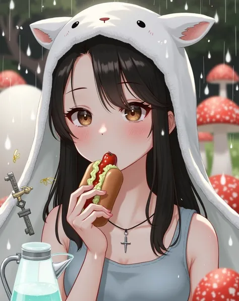 Carafe girl wearing a hat eating a hot dog , ❤🔥🍄🌪, Chiho, It rains, Takemura Kimi, Bookmark, Yoshitomo Nara, shikamimi,  Kakinouchi Narumi  ,  Pastel 。 cute classy face of a woman wearing a gray tank top and necklace , 🚿🗝📝